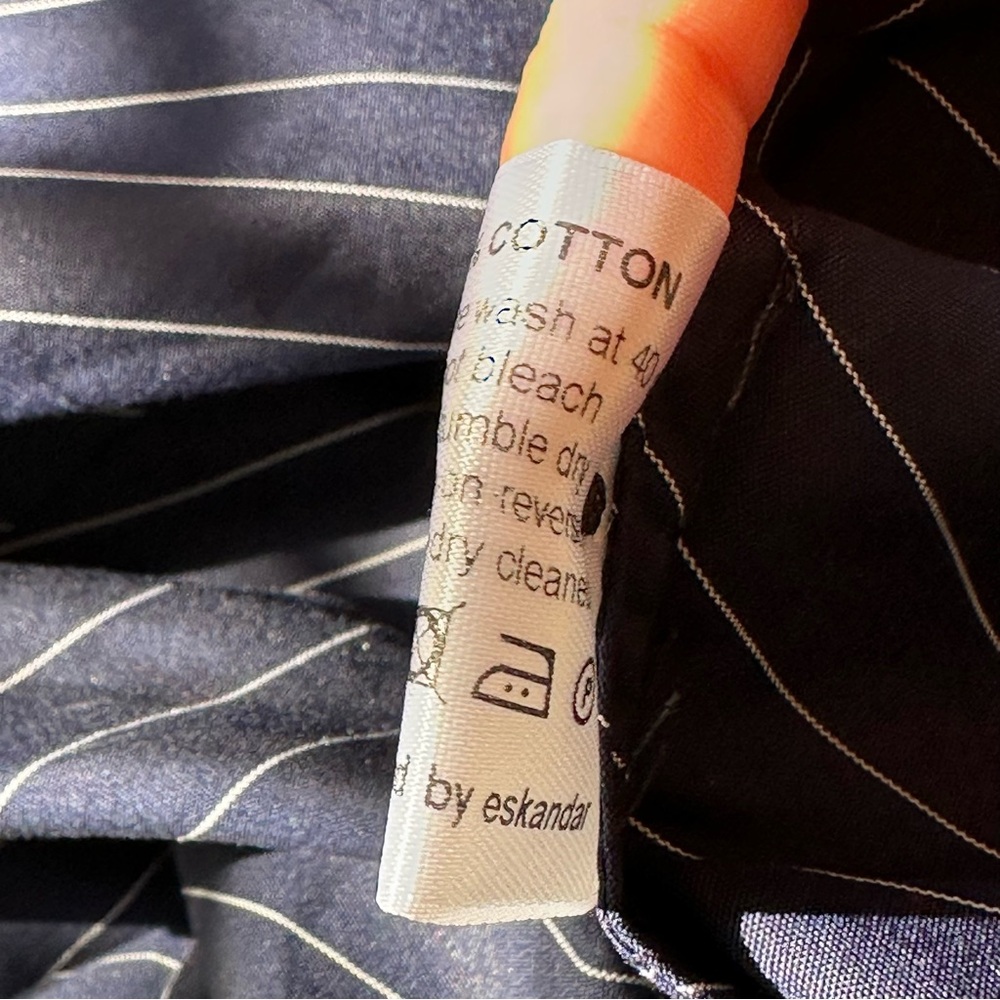 Eskandar Double Stand Collar Botton Shirt Navy Stripe Patchwork Cotton Luxury - Picture 8 of 13